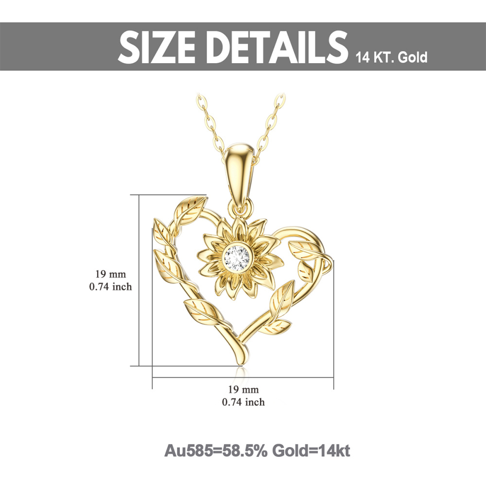 Collana con ciondolo circolare in oro 10K a forma di girasole e cuore di moissanite-6