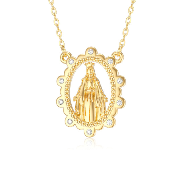 Collier Vierge Marie en or 14K avec pendentif en Moissanite de forme circulaire-1