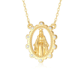 14K Gold Circular Shaped Moissanite Virgin Mary Pendant Necklace-2