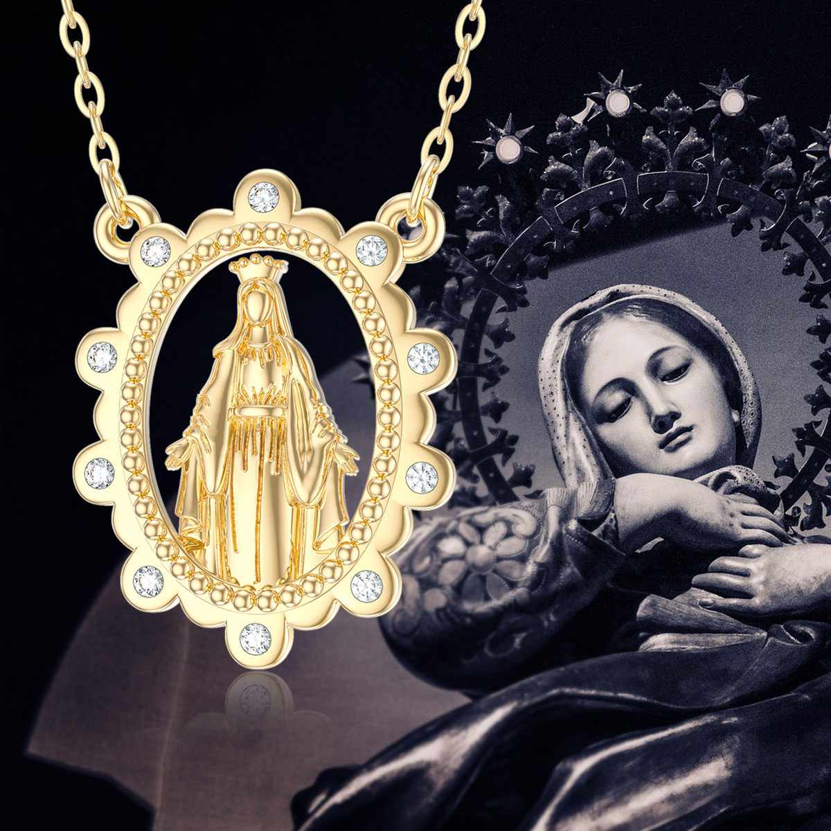 18K Gold Circular Shaped Moissanite Virgin Mary Pendant Necklace-6