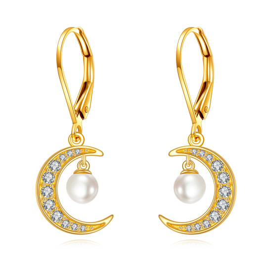 10K Gold Circular Shaped Cubic Zirconia Moon Lever-back Earrings-1