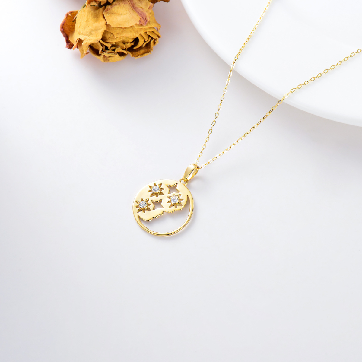 10K Gold Circular Shaped Cubic Zirconia Moon Pendant Necklace-4