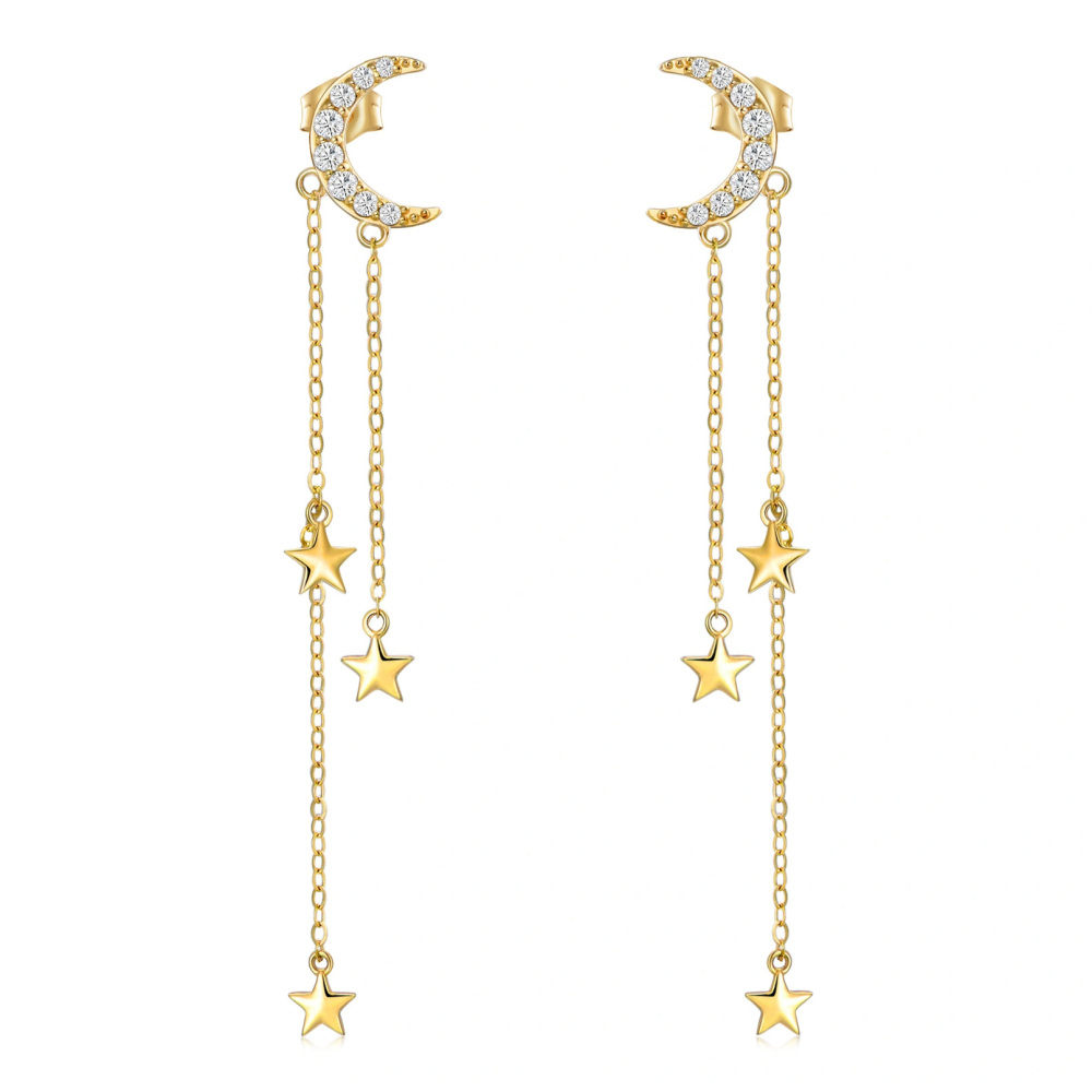 10K Gold Circular Shaped Cubic Zirconia Moon & Star Drop Earrings-1