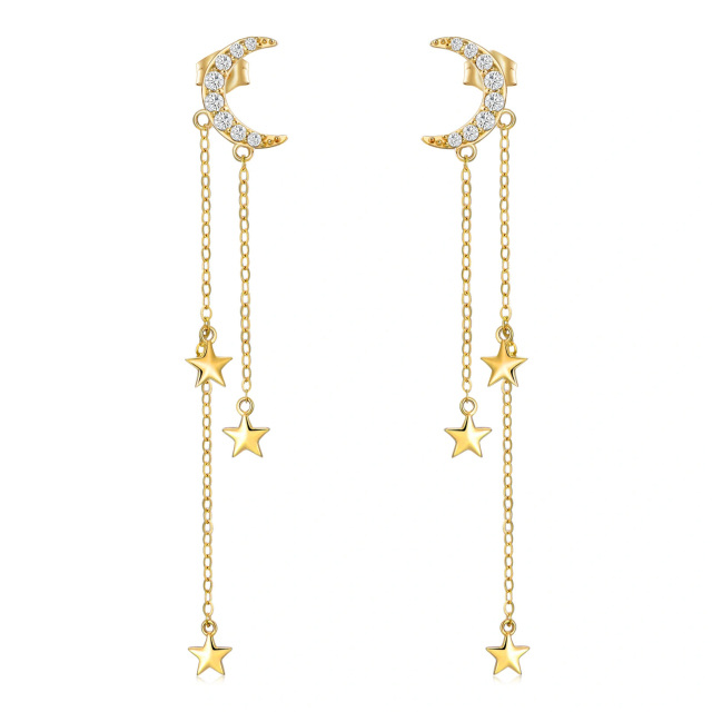 14K Gold Circular Shaped Cubic Zirconia Moon & Star Drop Earrings-1