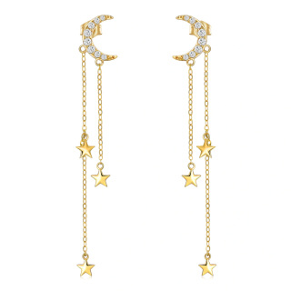 10K Gold Circular Shaped Cubic Zirconia Moon & Star Drop Earrings-9