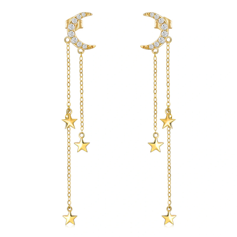 14K Gold Circular Shaped Cubic Zirconia Moon & Star Drop Earrings