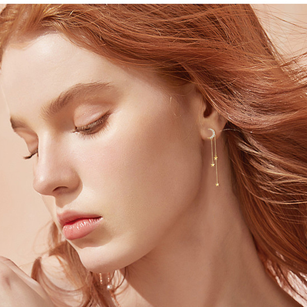 10K Gold Circular Shaped Cubic Zirconia Moon & Star Drop Earrings-2