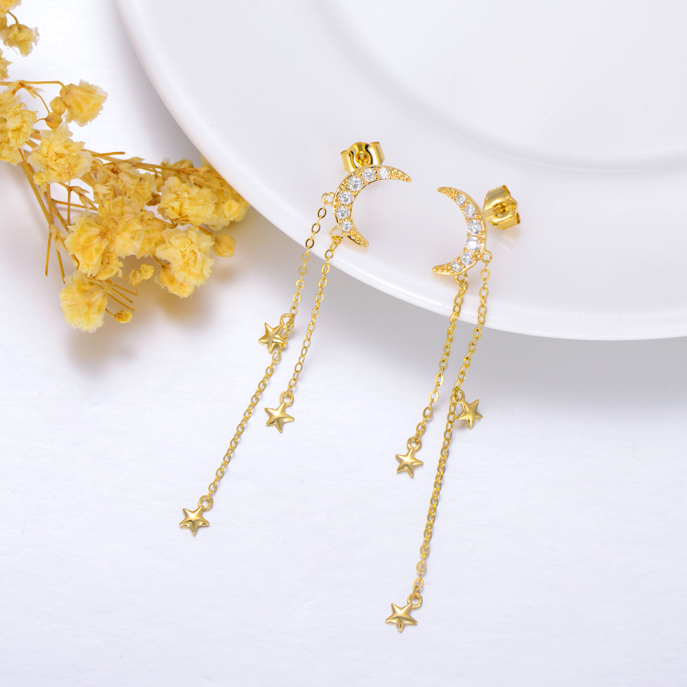 10K Gold Circular Shaped Cubic Zirconia Moon & Star Drop Earrings-3