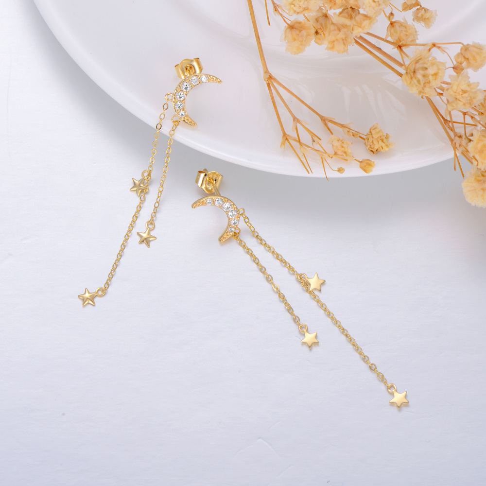 10K Gold Circular Shaped Cubic Zirconia Moon & Star Drop Earrings-4