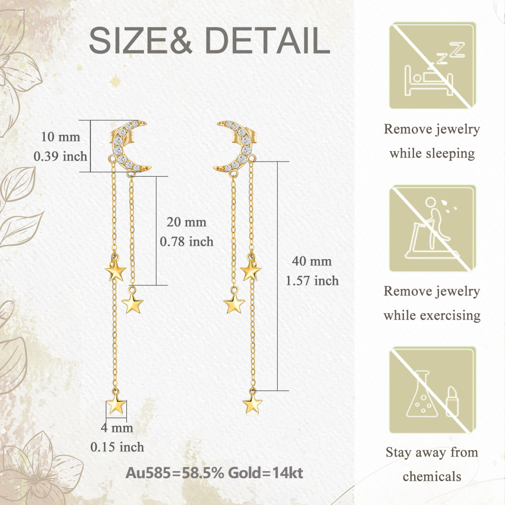 10K Gold Circular Shaped Cubic Zirconia Moon & Star Drop Earrings-5