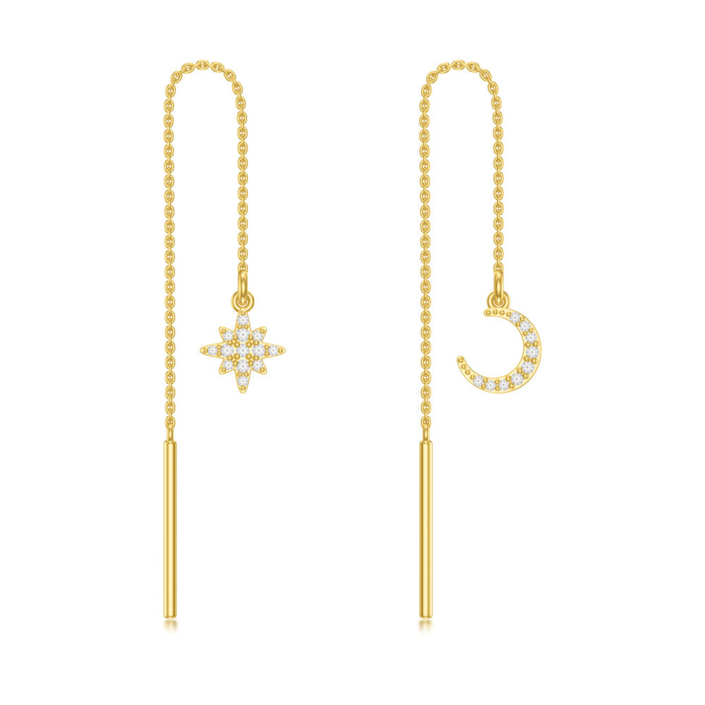 10K Gold Circular Shaped Cubic Zirconia Moon & Star Drop Earrings-1