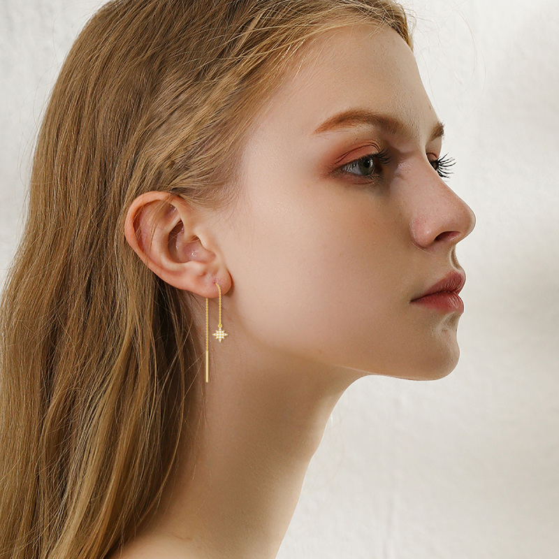 10K Gold Circular Shaped Cubic Zirconia Moon & Star Drop Earrings-2