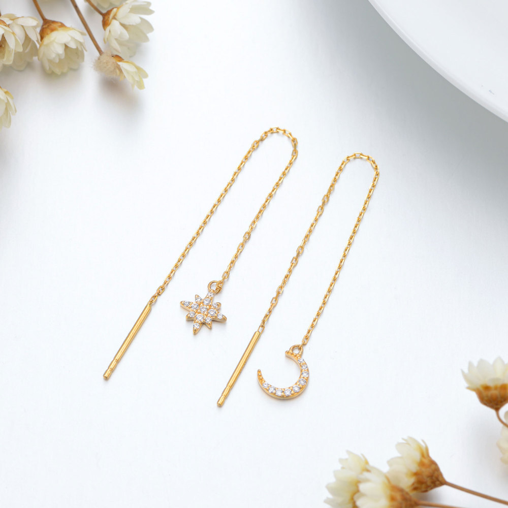 10K Gold Circular Shaped Cubic Zirconia Moon & Star Drop Earrings-3