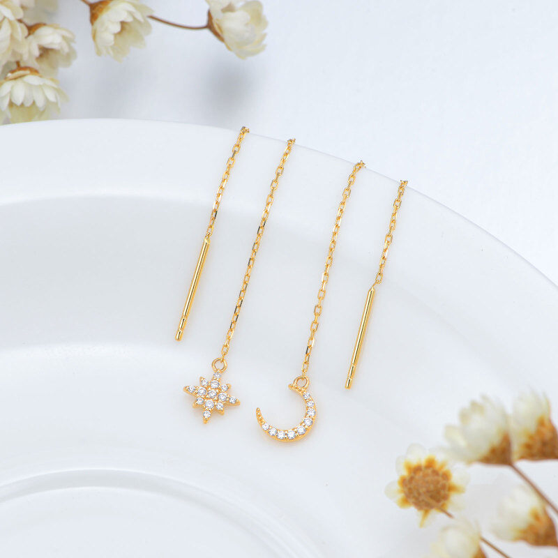 10K Gold Circular Shaped Cubic Zirconia Moon & Star Drop Earrings-4