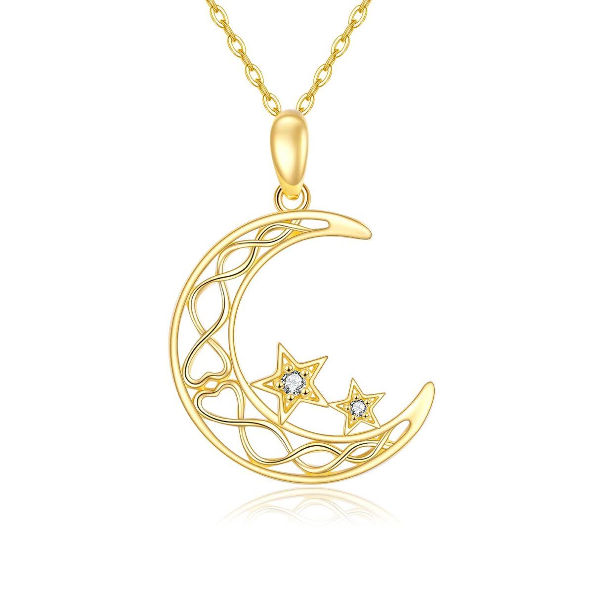 10K Gold Circular Shaped Cubic Zirconia Moon & Star Pendant Necklace-1