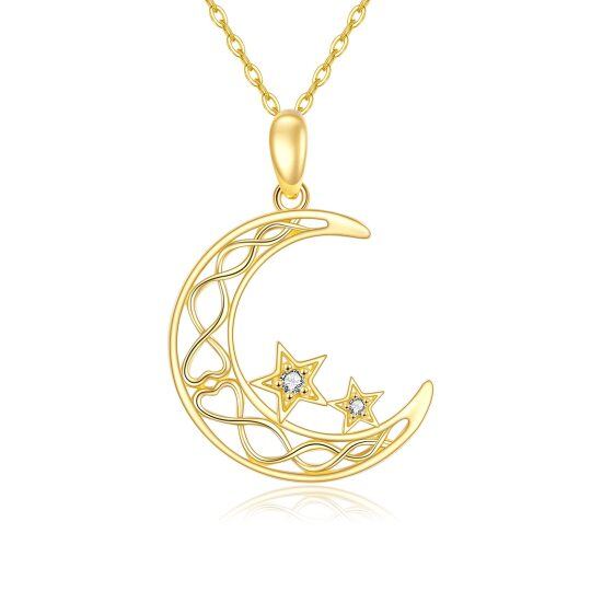 10K Gold Circular Shaped Cubic Zirconia Moon & Star Pendant Necklace