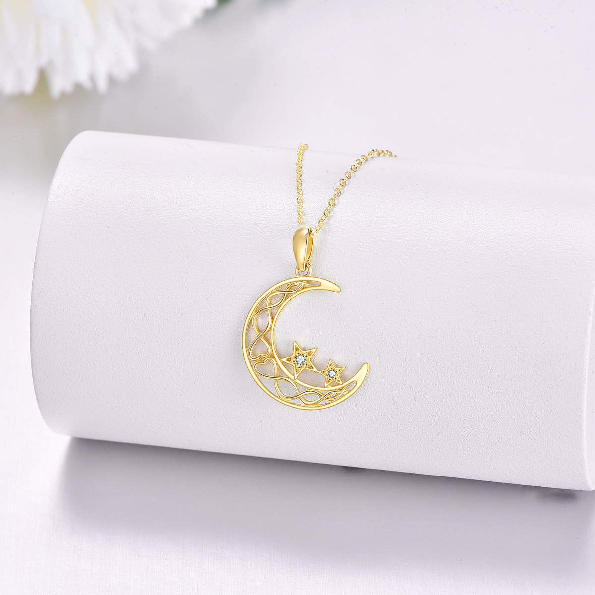 Collar colgante de oro de 14 quilates con circonita cúbica en forma de luna y estrella-3