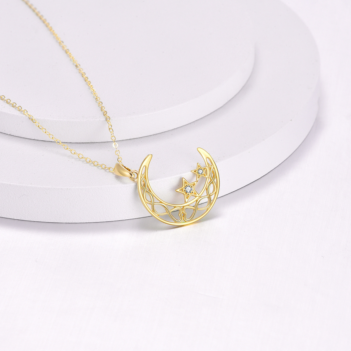 14K gouden cirkelvormige cubic zirkonia maan en ster hanger ketting-4