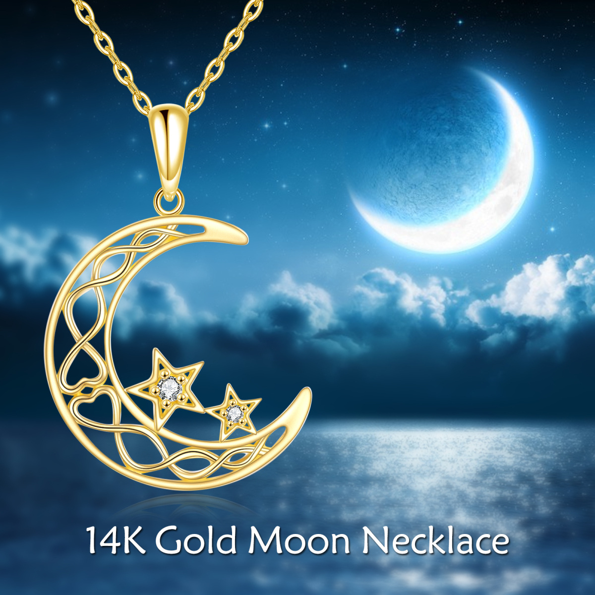 10K Gold Circular Shaped Cubic Zirconia Moon & Star Pendant Necklace-6