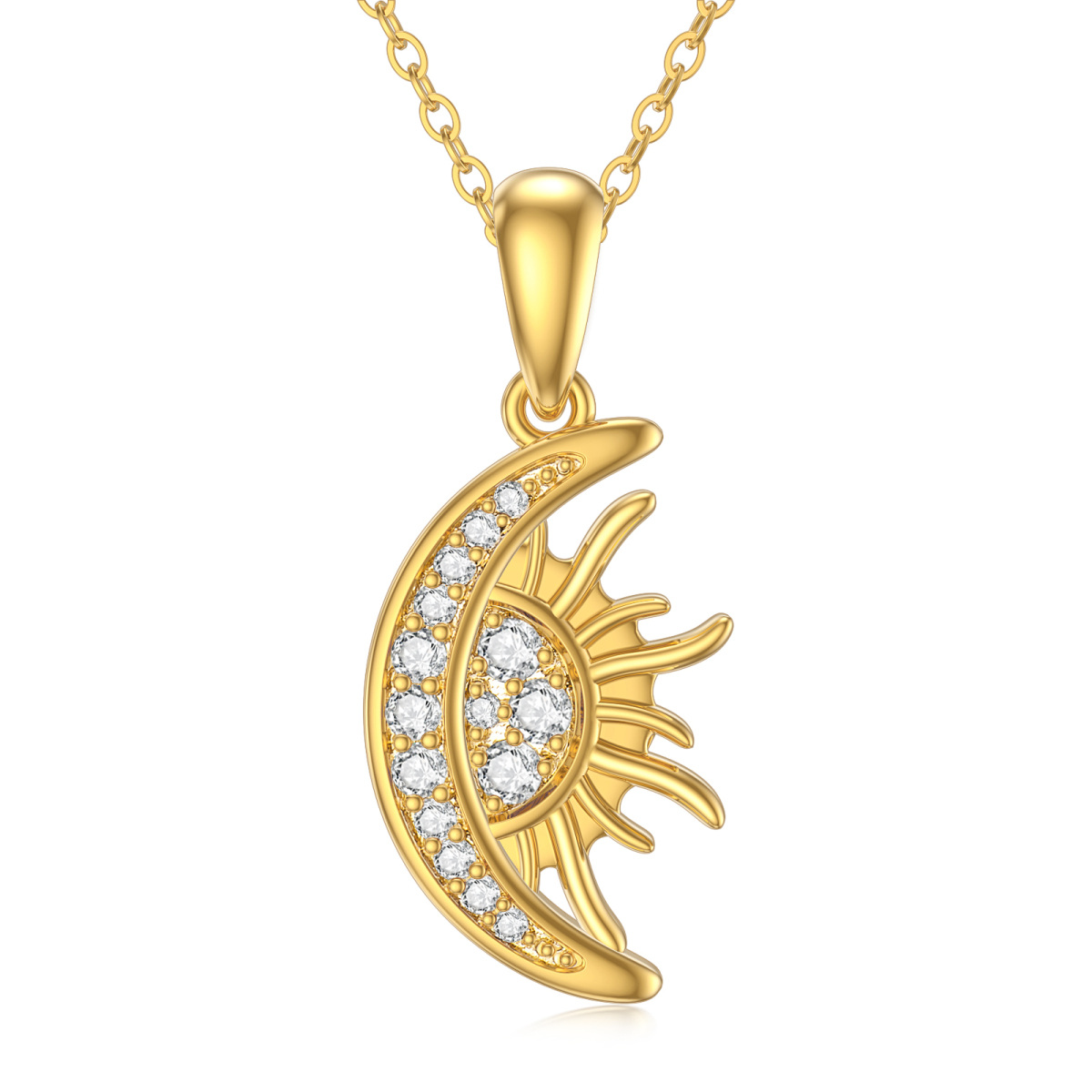 10K Gold Circular Shaped Cubic Zirconia Moon & Sun Pendant Necklace-1