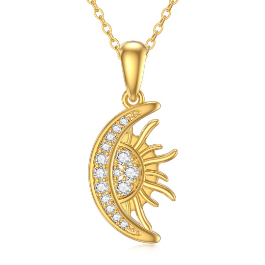 10K Gold Circular Shaped Cubic Zirconia Moon & Sun Pendant Necklace