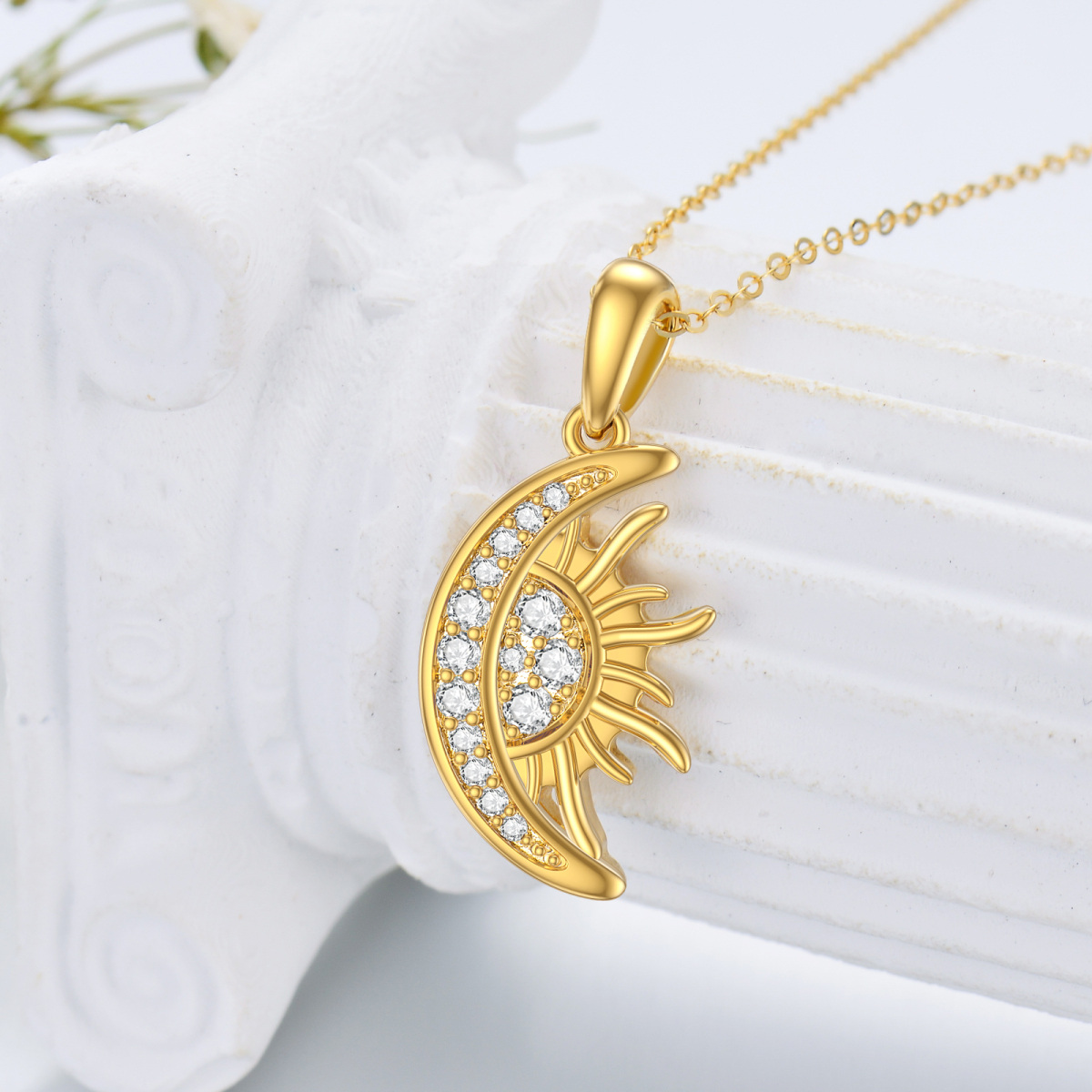 14K Gold Circular Shaped Cubic Zirconia Moon & Sun Pendant Necklace-3