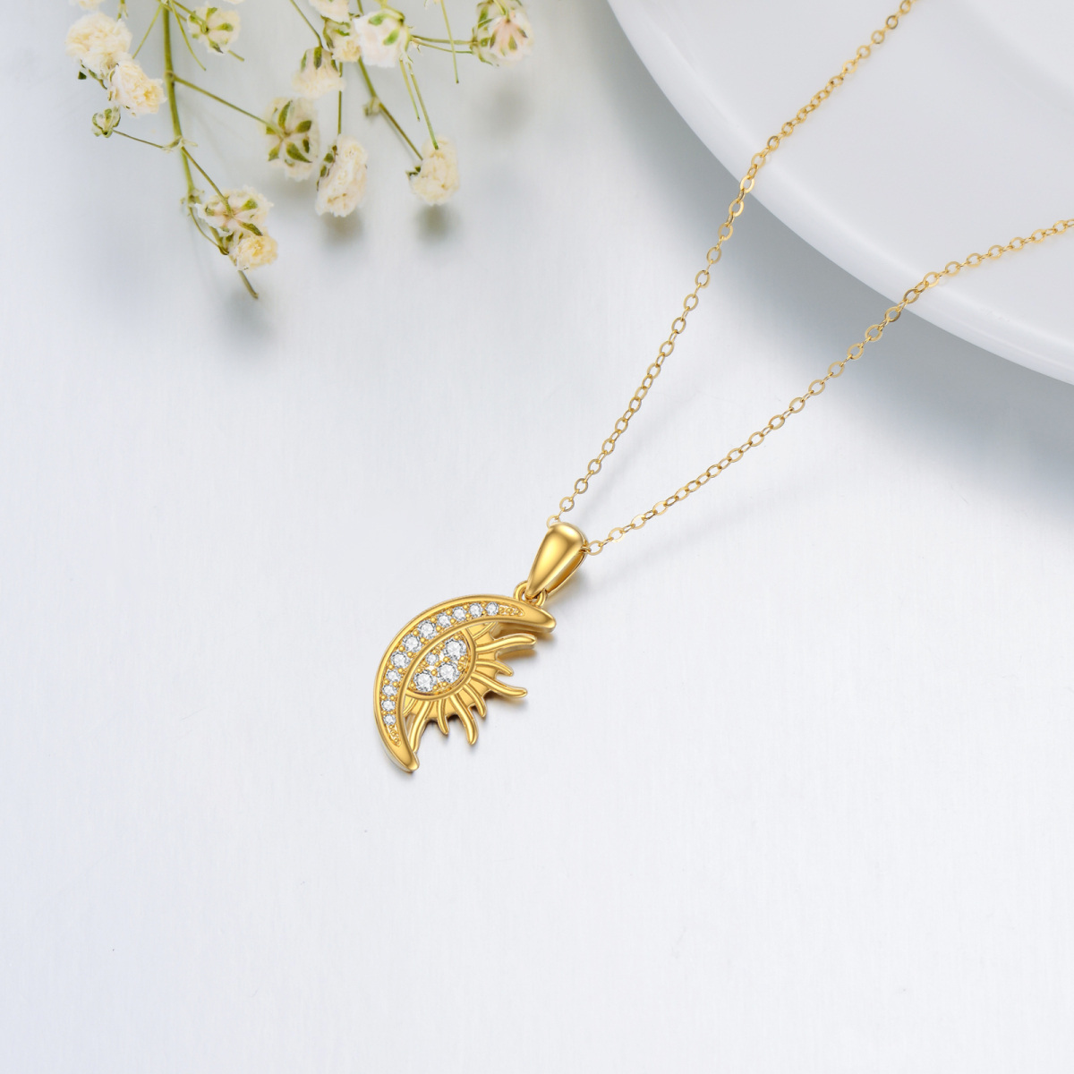 Collier pendentif lune et soleil en or 14K à zircon cubique-4