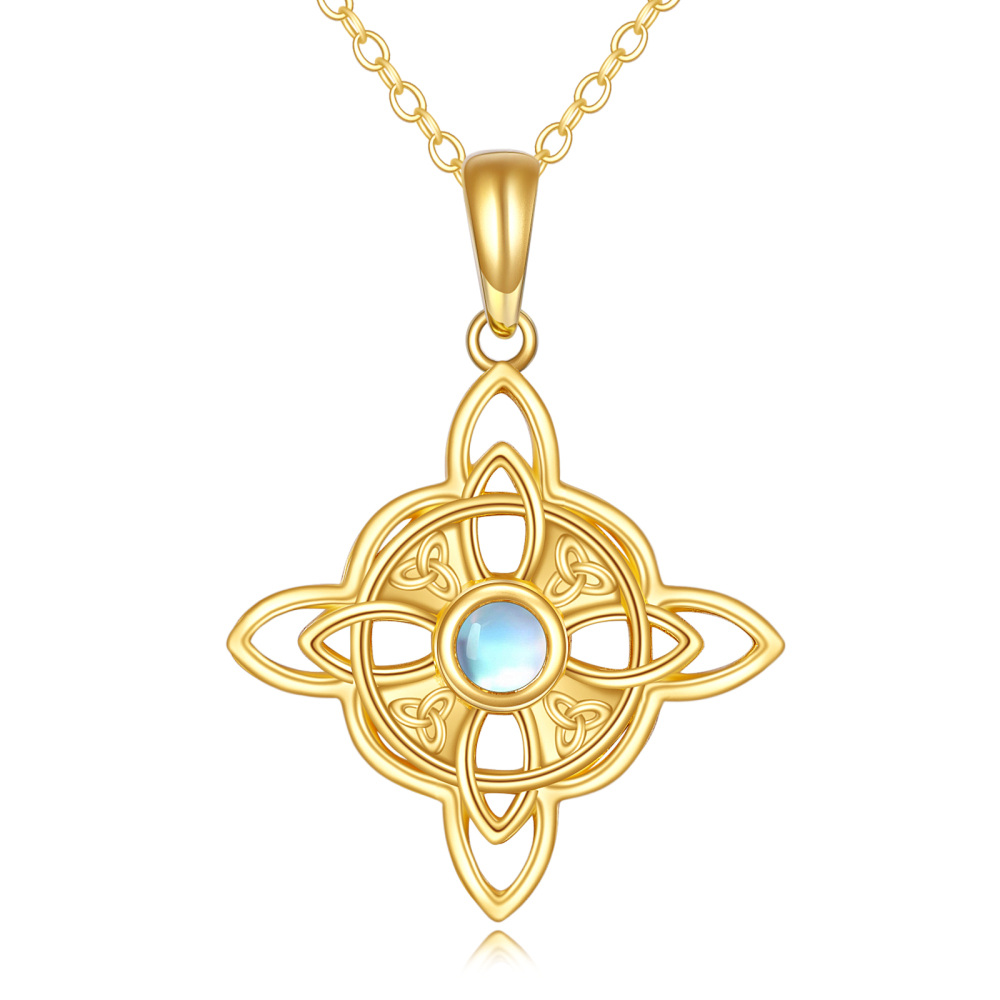 Collar con colgante de nudo celta de piedra lunar circular de oro de 14 quilates con nudo de bruja para mujer-1