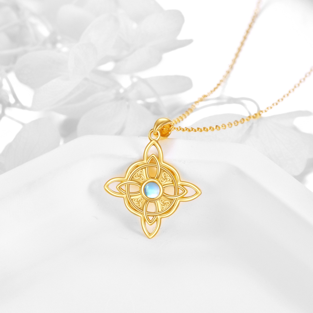 Collar con colgante de nudo celta de piedra lunar circular de oro de 14 quilates con nudo de bruja para mujer-3