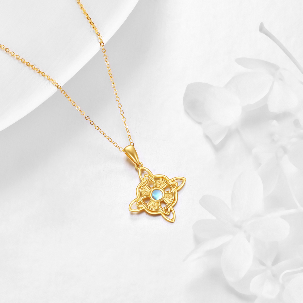 Collar con colgante de nudo celta de piedra lunar circular de oro de 14 quilates con nudo de bruja para mujer-4