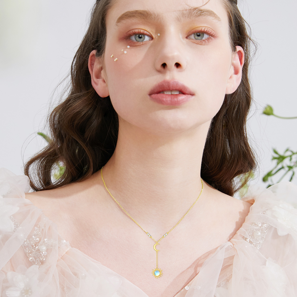 10K Gold Circular Shaped Moonstone Moon & Sun Adjustable Y Necklace-2