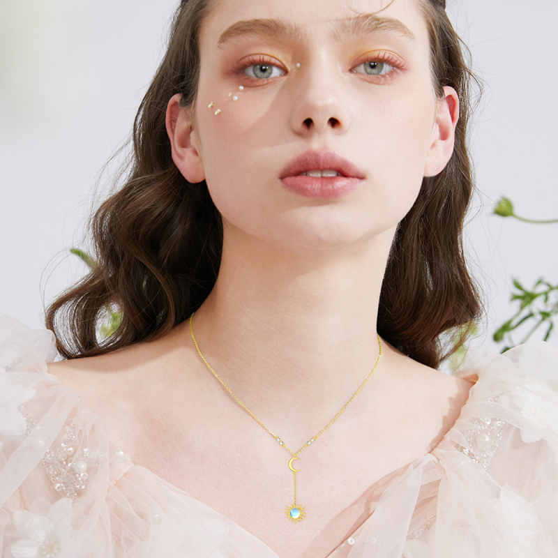 10K White Gold Round Cut Moonstone Moon & Sun Adjustable Y Necklace-2