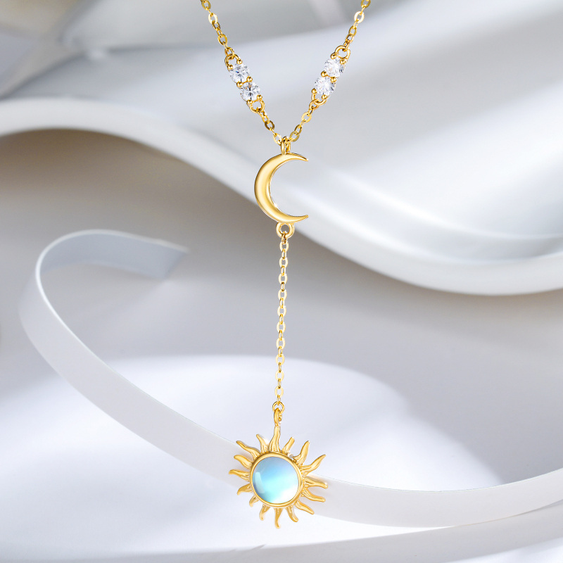 10K White Gold Round Cut Moonstone Moon & Sun Adjustable Y Necklace-3