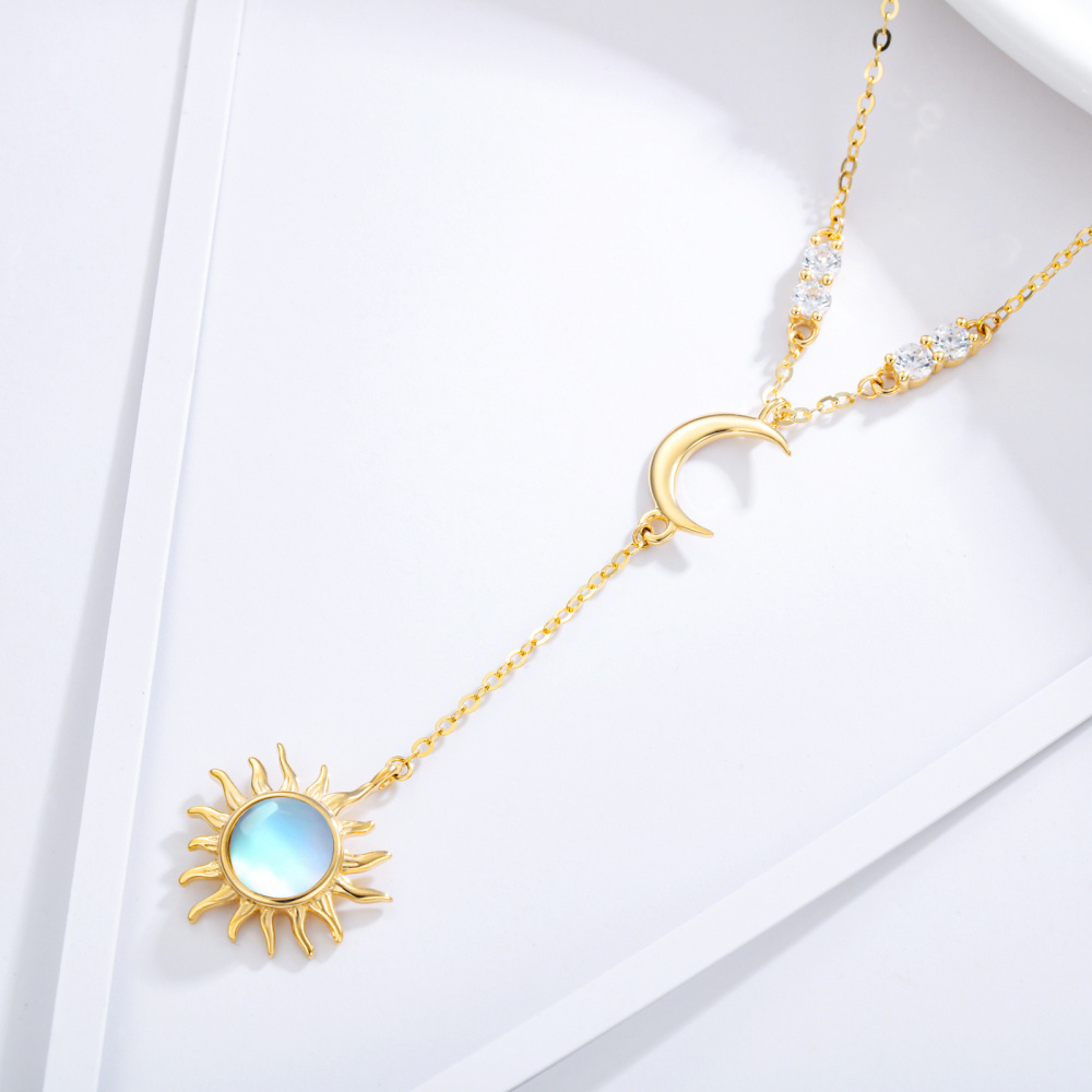 10K Gold Circular Shaped Moonstone Moon & Sun Adjustable Y Necklace-4