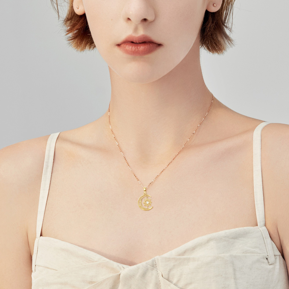 Collier en or 10K avec pendentif lune et soleil en pierre de lune de forme circulaire-2