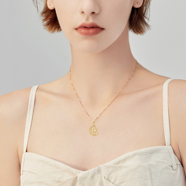 Collana con ciondolo a forma di circolare in oro 14K con pietra lunare e sole-2