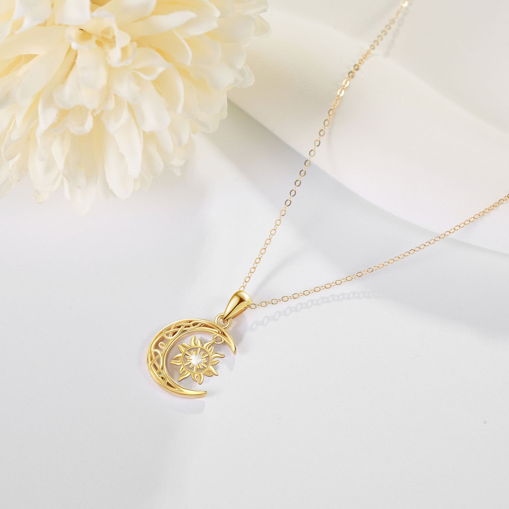 Collier en or 10K avec pendentif lune et soleil en pierre de lune de forme circulaire-4