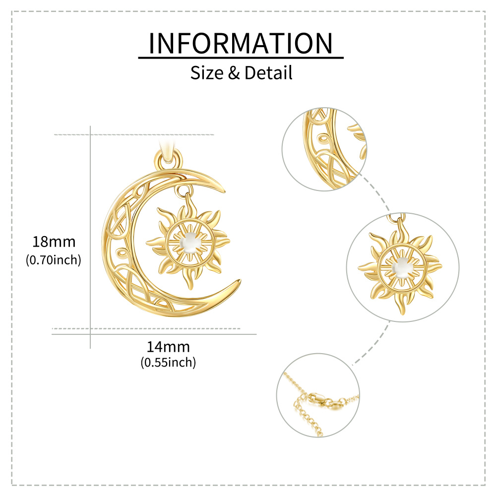 Collier en or 10K avec pendentif lune et soleil en pierre de lune de forme circulaire-5
