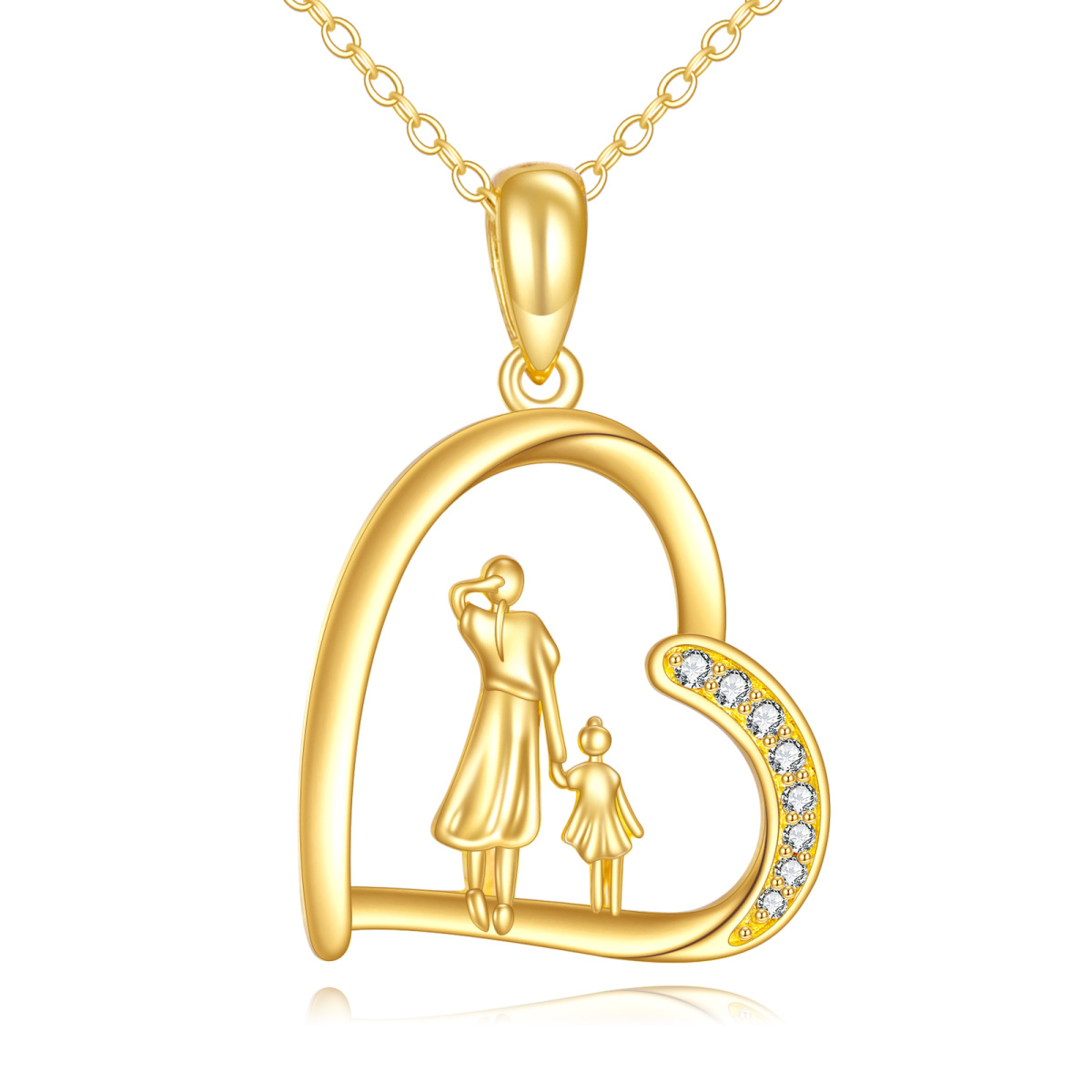 10K Gold Circular Cubic Zirconia Mother With Daughter & Heart Pendant Necklace For Mom-1