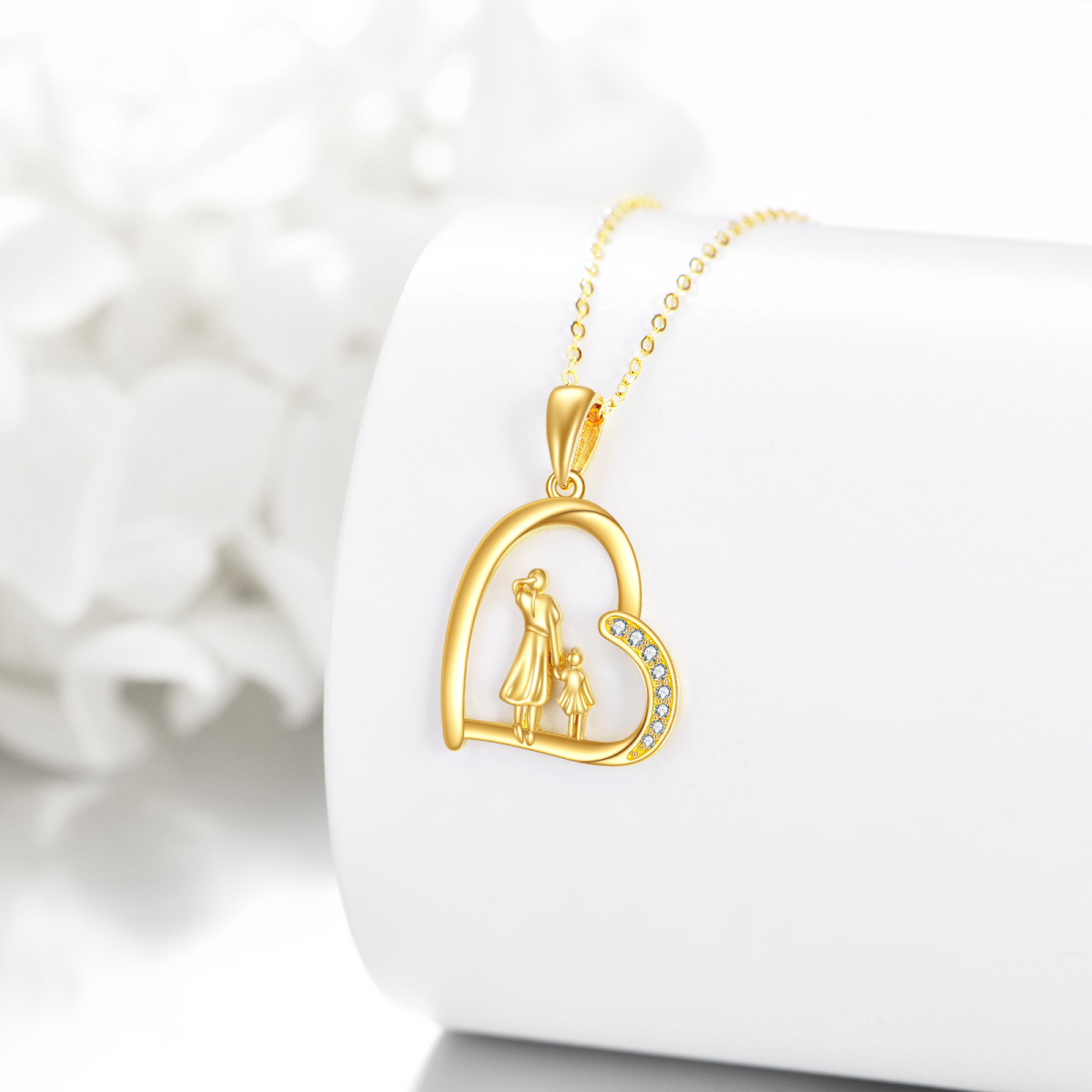 14K Gold Circular Cubic Zirconia Mother With Daughter & Heart Pendant Necklace For Mom-4