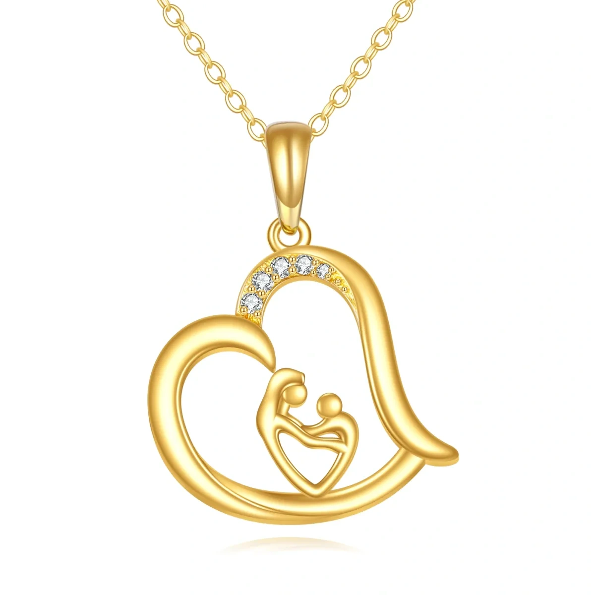 14K Yellow Gold Circular Cubic Zirconia Mother With Daughter Heart Pendant Necklace For Women-1