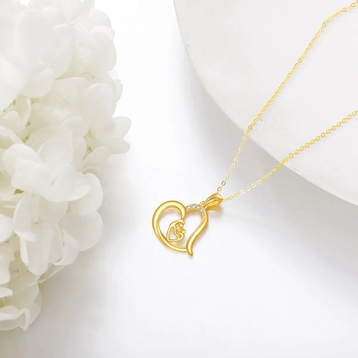 14K Yellow Gold Circular Cubic Zirconia Mother With Daughter Heart Pendant Necklace For Women-3