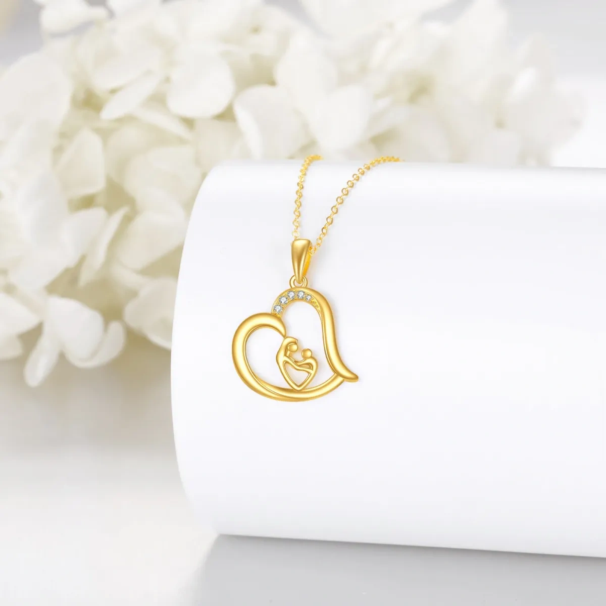 10K Yellow Gold Circular Cubic Zirconia Mother With Daughter Heart Pendant Necklace For Women-4