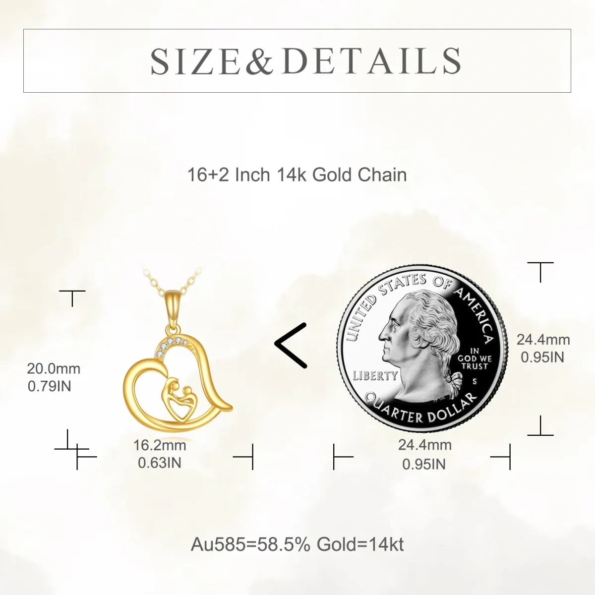 10K Yellow Gold Circular Cubic Zirconia Mother With Daughter Heart Pendant Necklace For Women-5