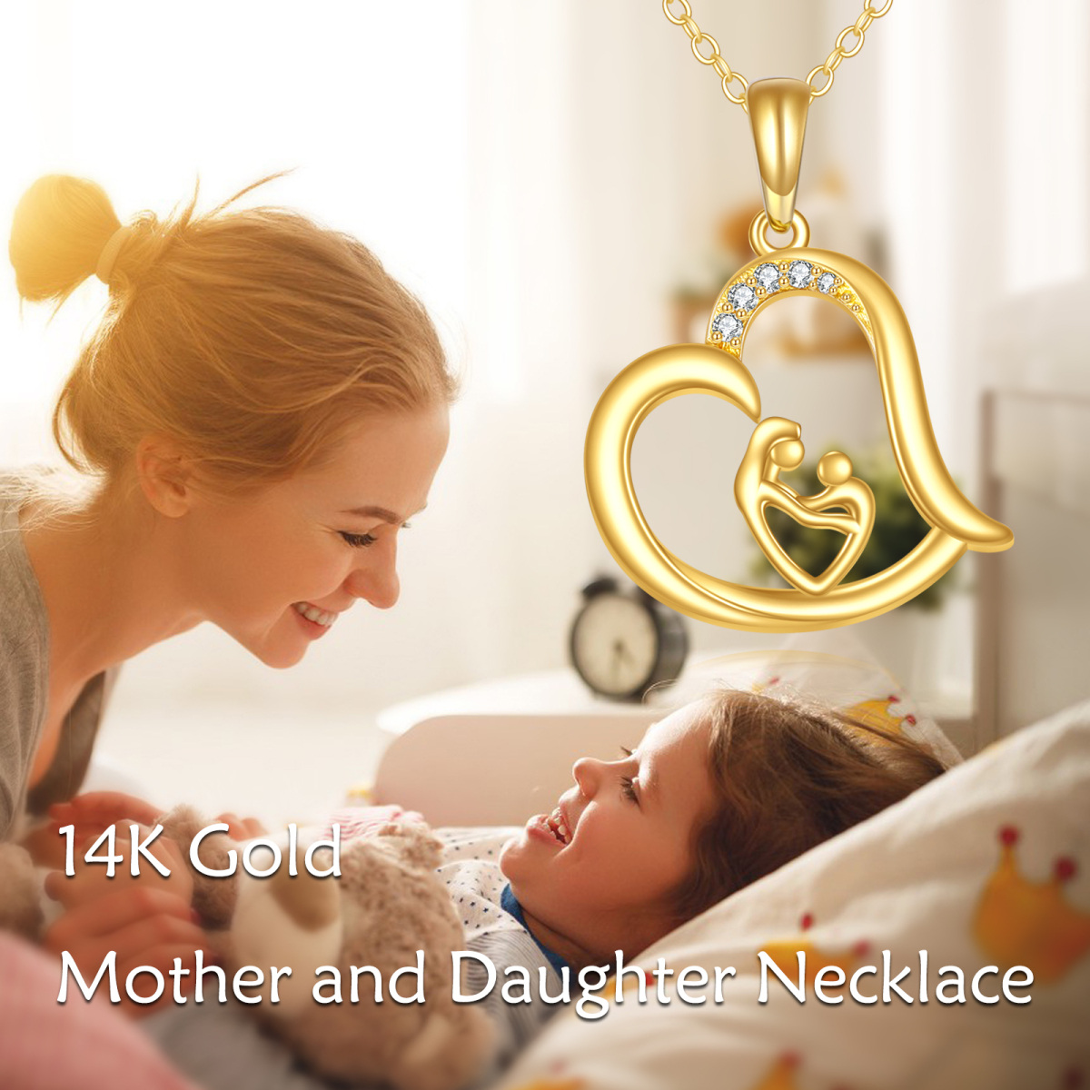 10K Yellow Gold Circular Cubic Zirconia Mother With Daughter Heart Pendant Necklace For Women-6