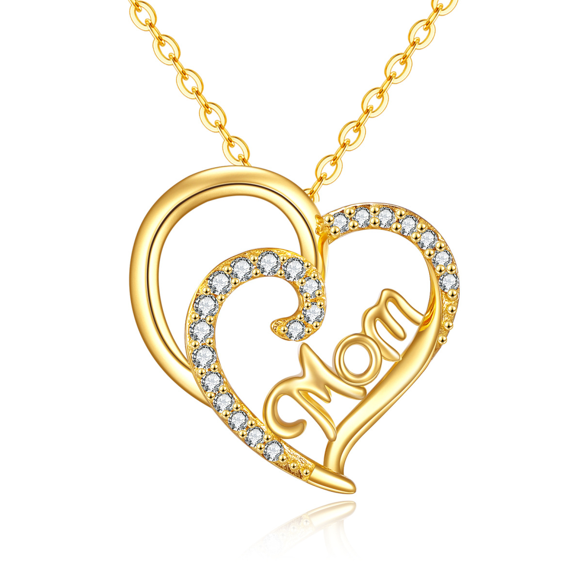 10K Gold Circular Shaped Cubic Zirconia Mother & Heart Pendant Necklace-1