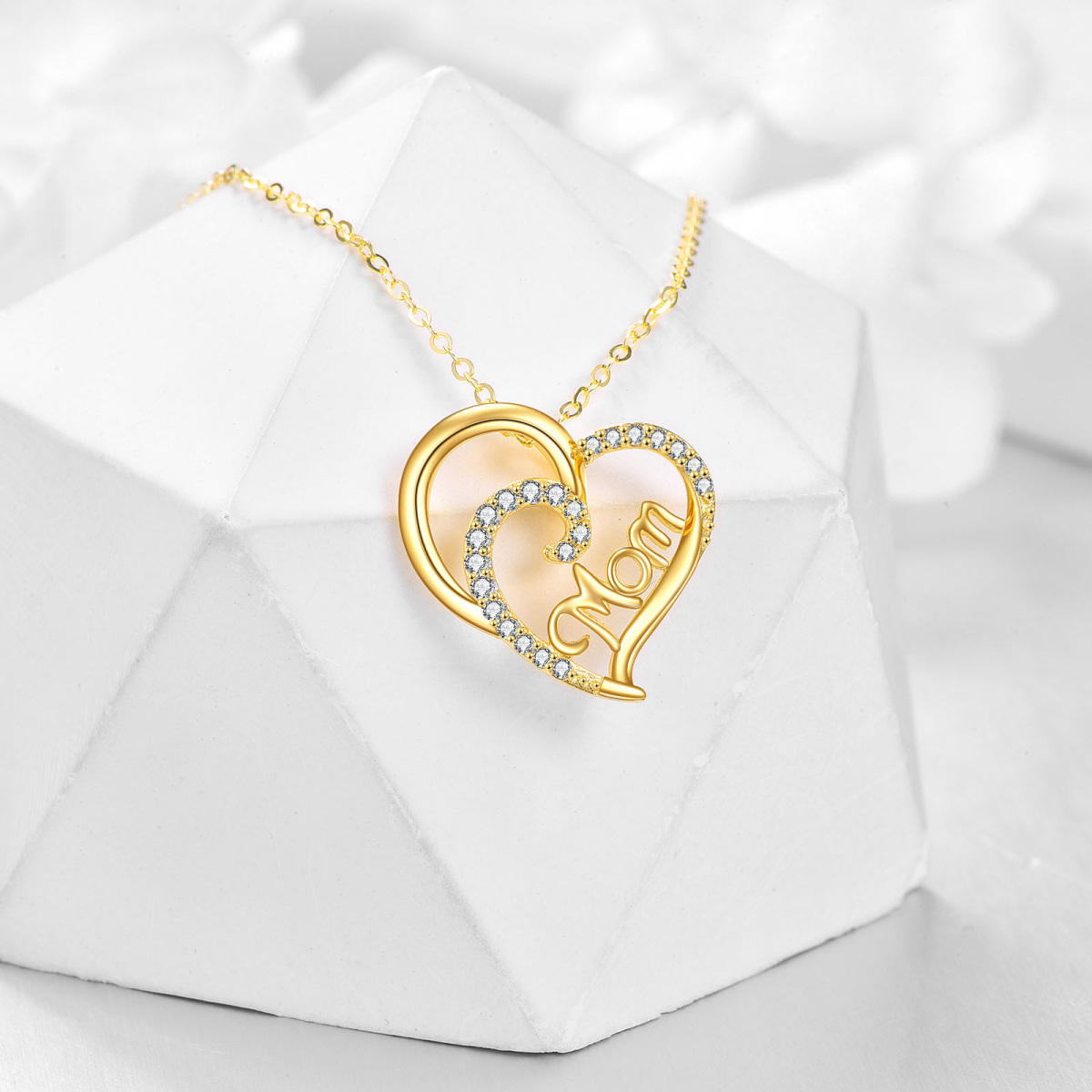 10K Gold Circular Shaped Cubic Zirconia Mother & Heart Pendant Necklace-3