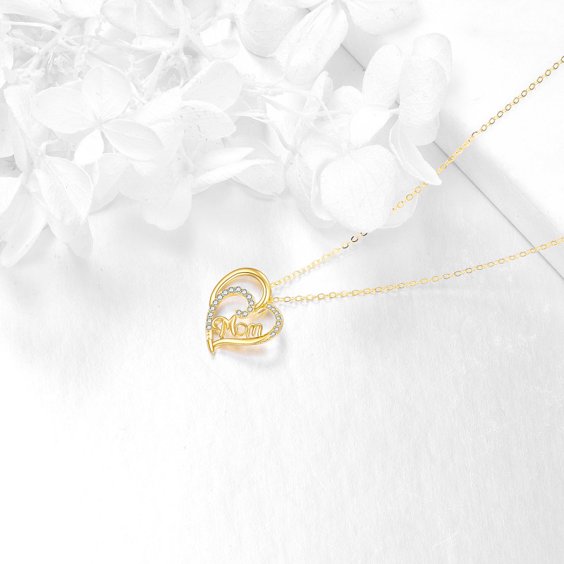 18K Gold Circular Shaped Cubic Zirconia Mother & Heart Pendant Necklace-4