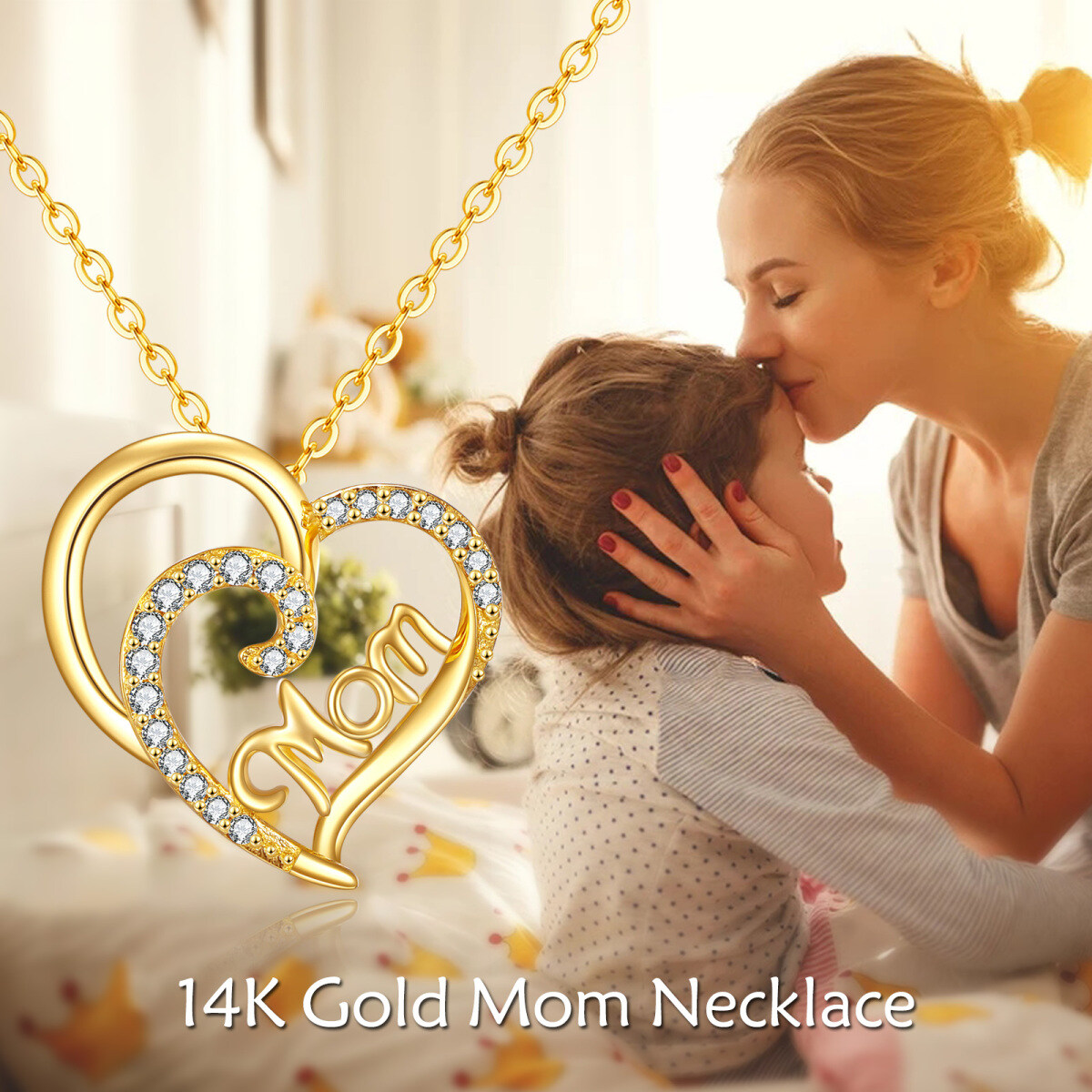 Collana con ciondolo madre e cuore in oro 14K a forma di cerchio con zircone cubico-6