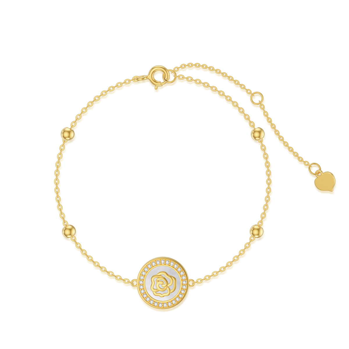 Pulseira com pingente de madrepérola rosa em forma circular em ouro 14K-1